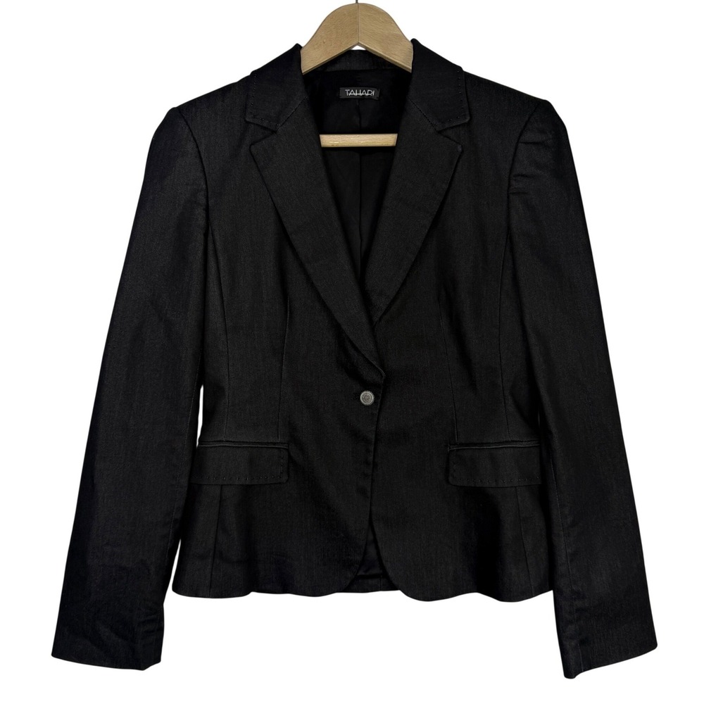 Tahari Womens Black Single Button Tailored Blazer Jacket Size 8